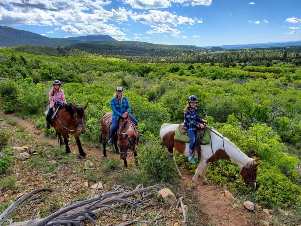 Three people on horseback ride along a lush, green trail with mountains in the background under a blue sky.